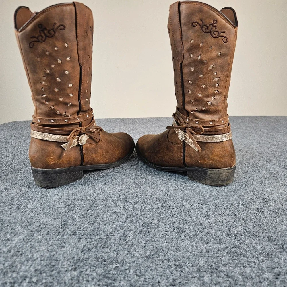 Rodeo Roper Bozeman Kids Brown Western Cowboy Boots Size 4M Glitter Chain Detail